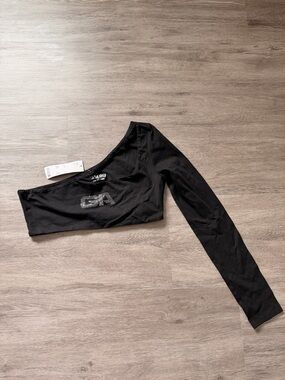 I.AM.GIA Black One-Shoulder Rhinestone Logo Crop Top